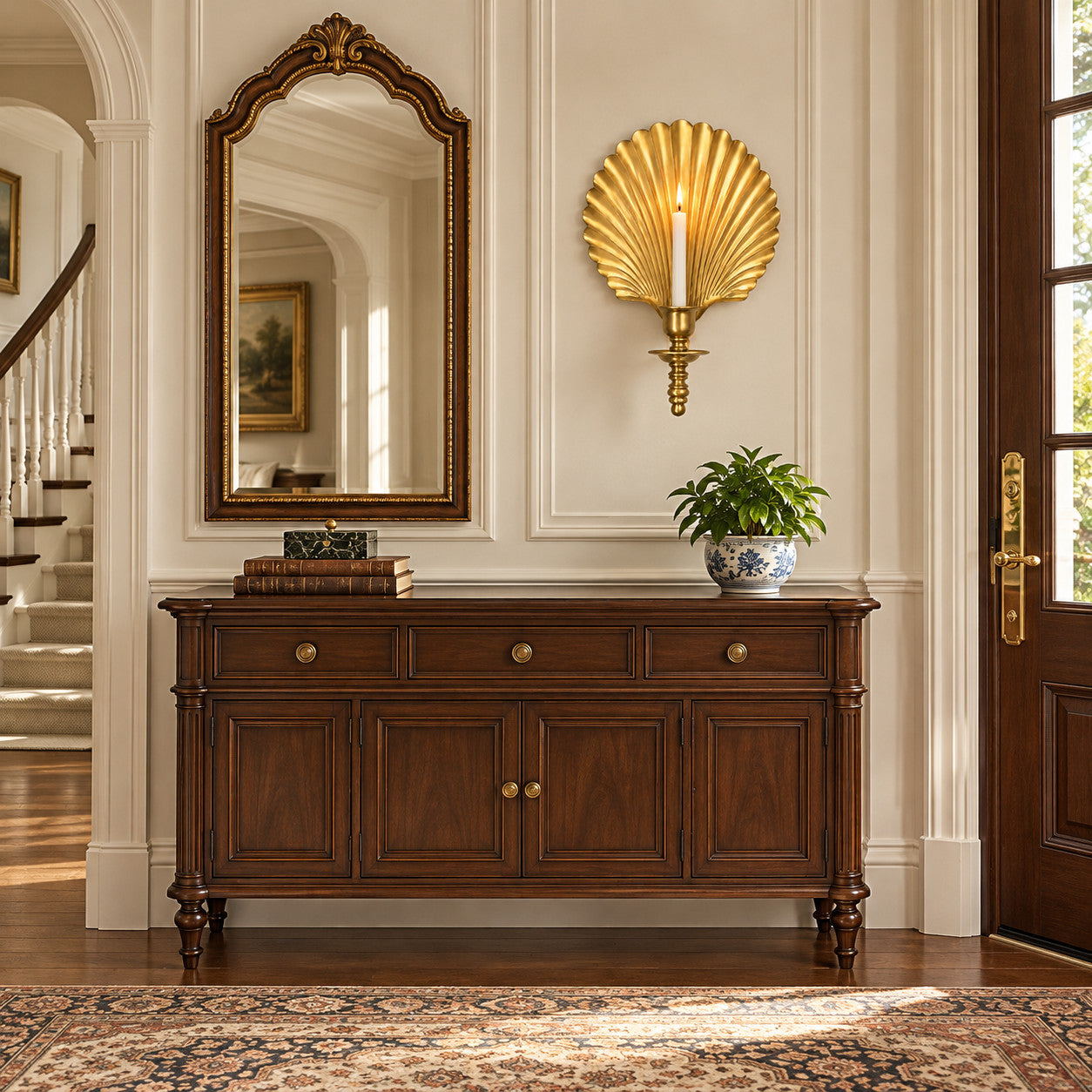 Entryway with brass shell wall candlesticks