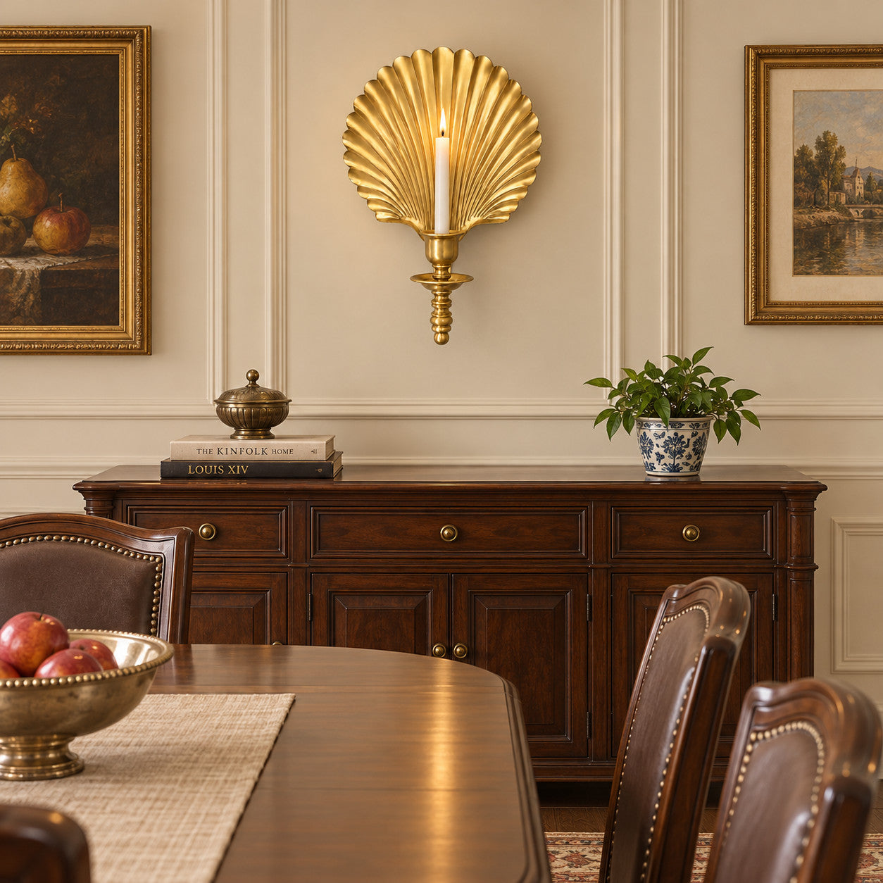 Dining Room with brass shell wall candlesticks