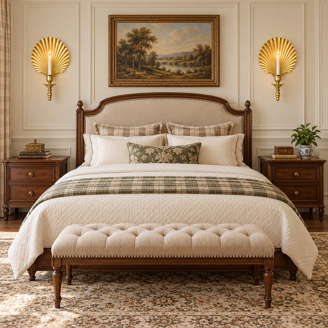 Bedroom with brass shell wall candlesticks