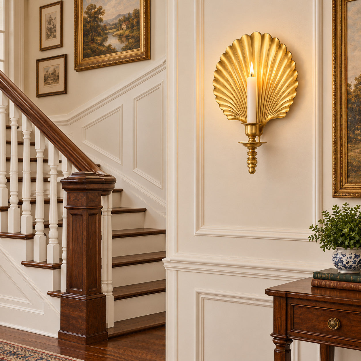 Staircase with brass shell wall candlesticks