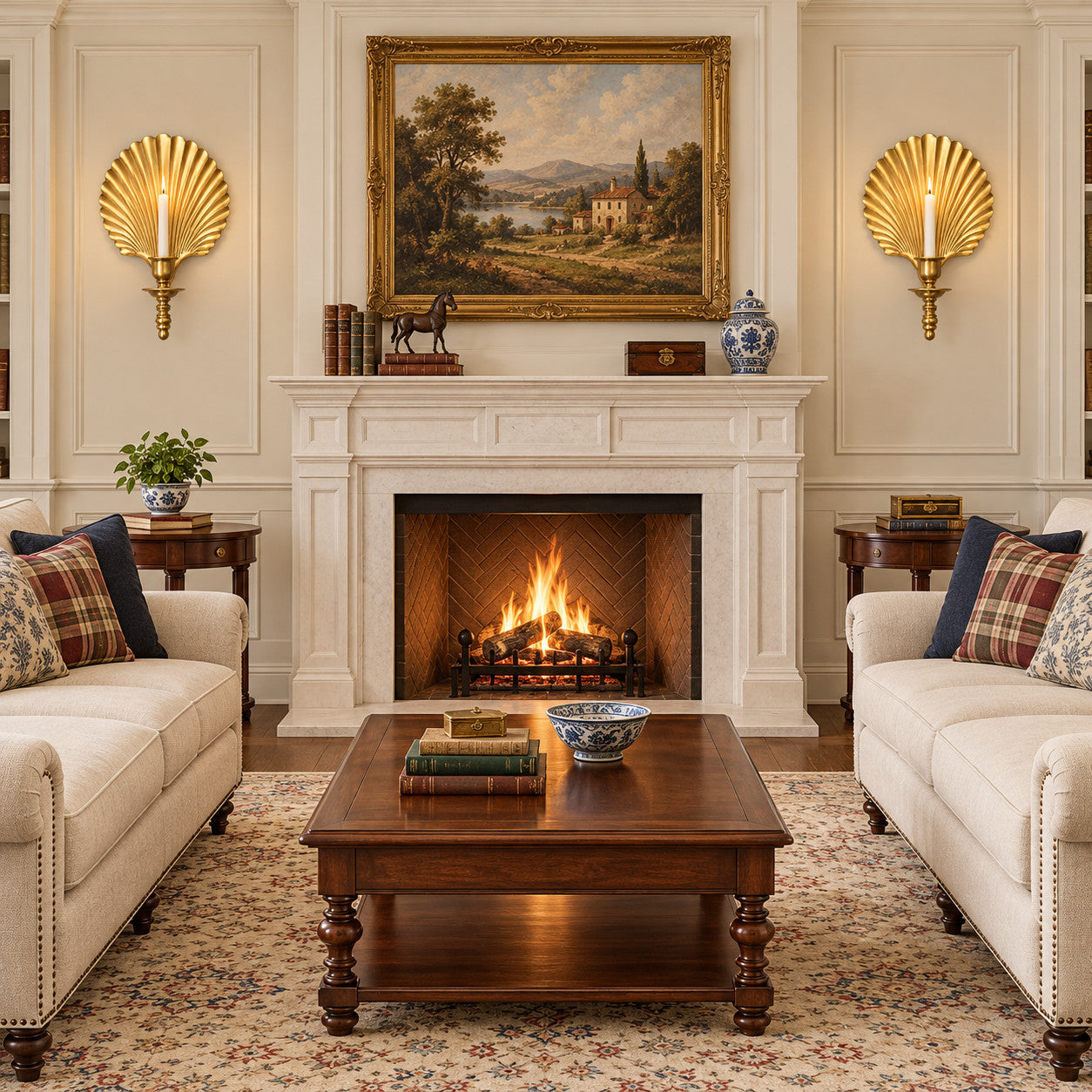 Daylit traditional living room with a pair of brass shell wall candlesticks beside the fireplace
