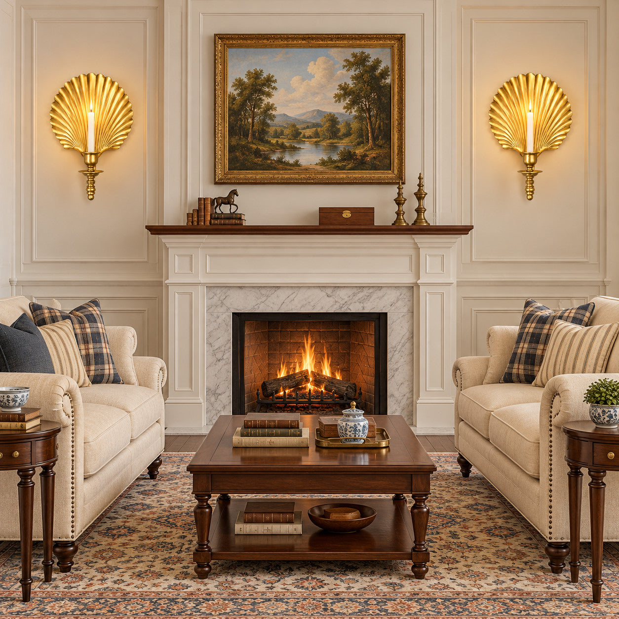 Living Room with brass shell wall candlesticks