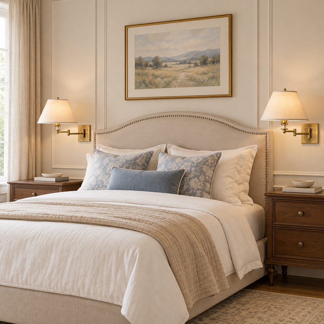 Bedside with a linen-shade swing-arm wall lamp
