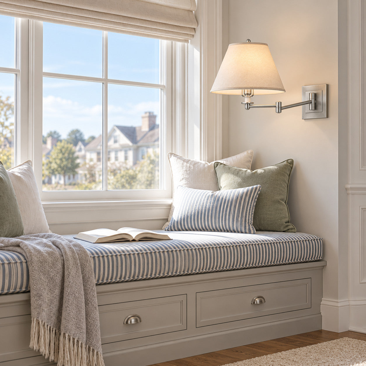 Window Seat with a linen-shade swing-arm wall lamp