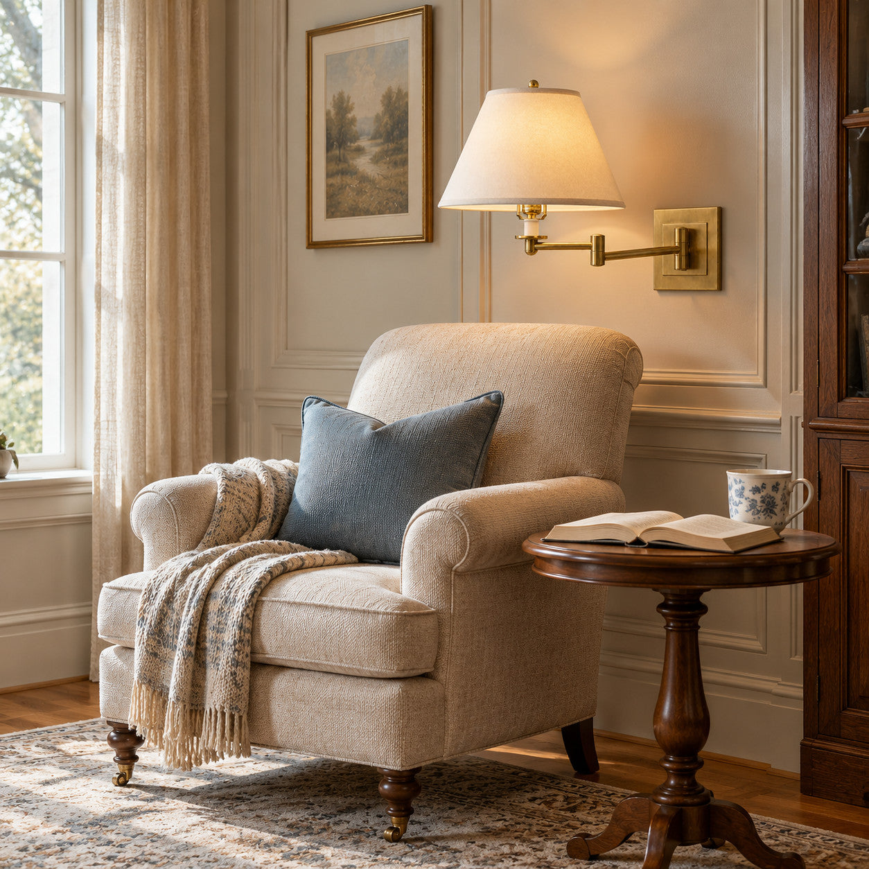 Antique brass swing-arm wall lamp beside a traditional upholstered reading chair