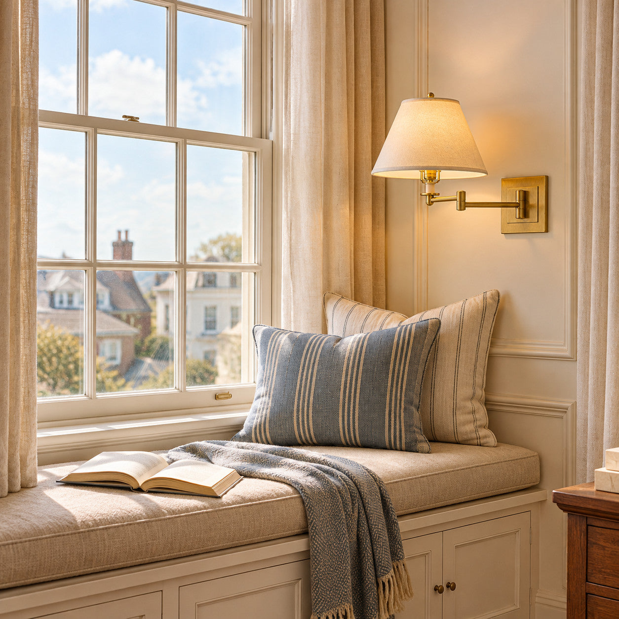 Window Seat with a linen-shade swing-arm wall lamp