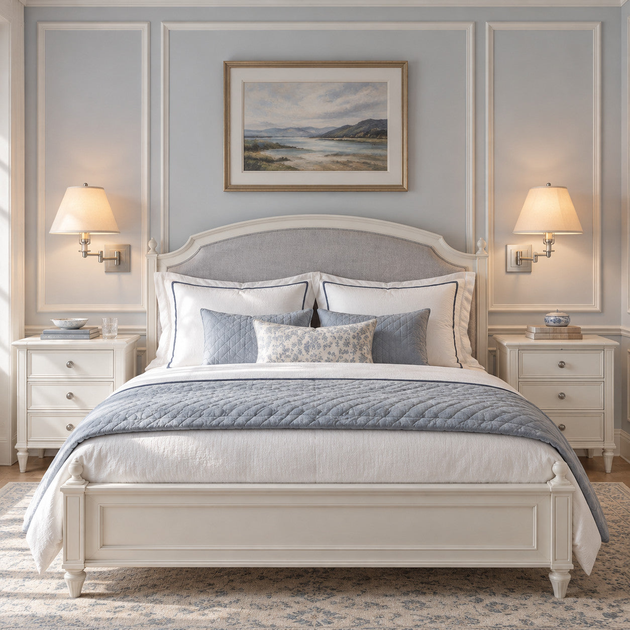 Bedside with a linen-shade swing-arm wall lamp