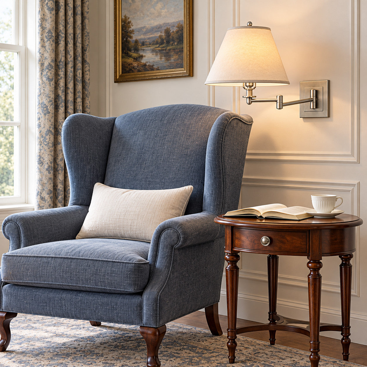 Reading Corner with a linen-shade swing-arm wall lamp