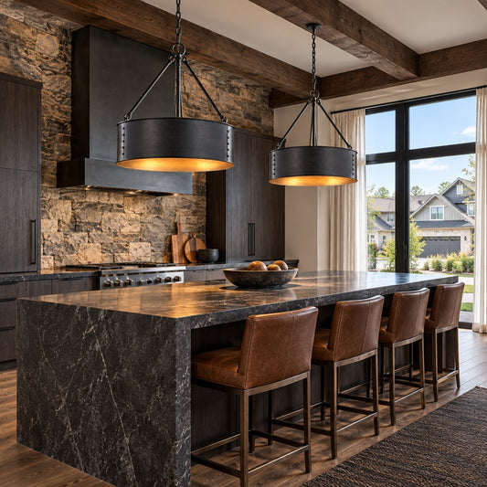 Quillan Industrial Large Black Drum Pendant Light For Dining Room