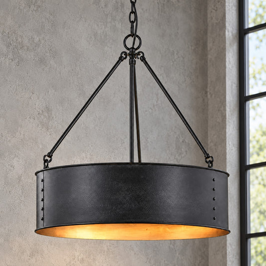 Quillan Industrial Large Black Drum Pendant Light For Dining Room