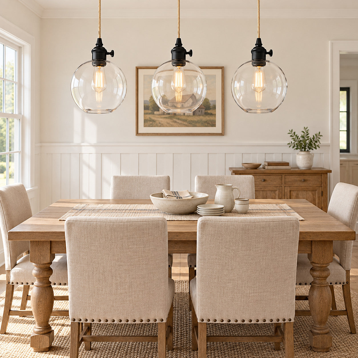 Dining Room with clear-glass globe pendant lighting