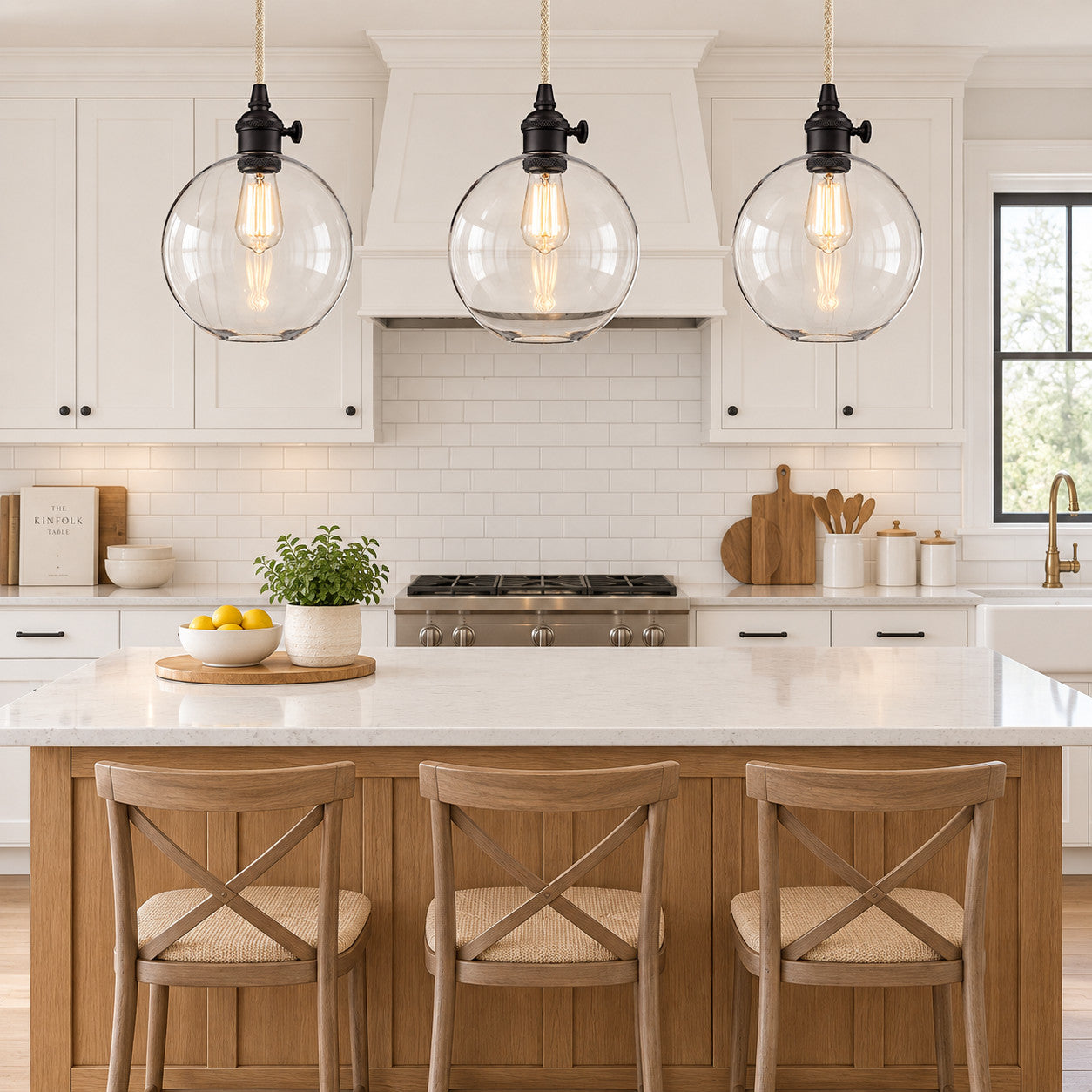 Kitchen Island with clear-glass globe pendant lighting