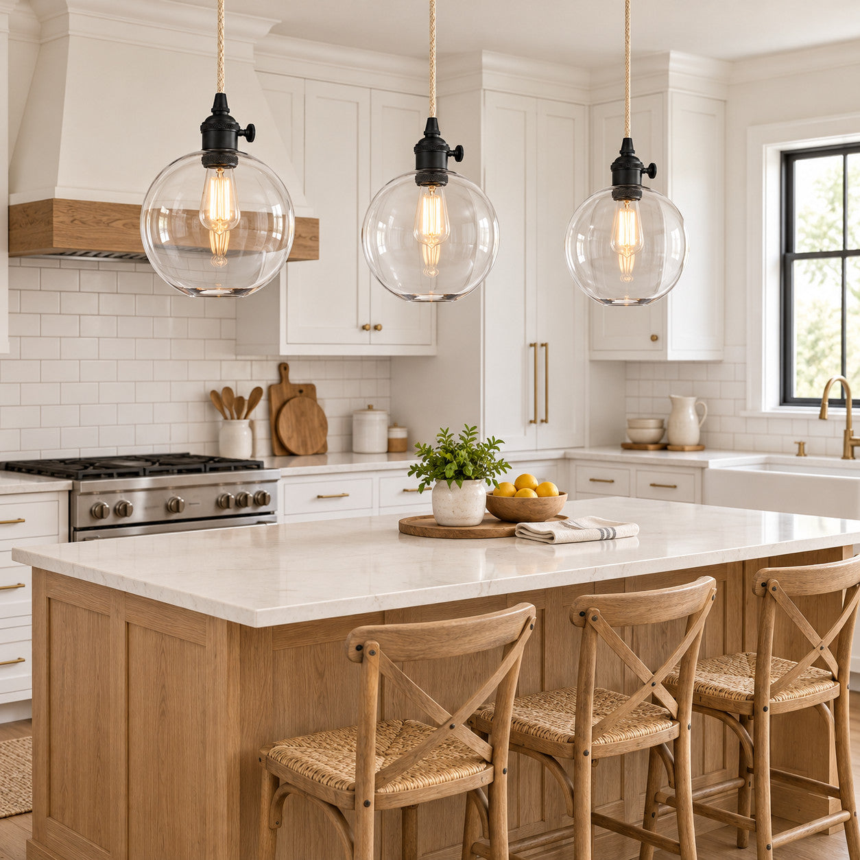 Kitchen Island with clear-glass globe pendant lighting