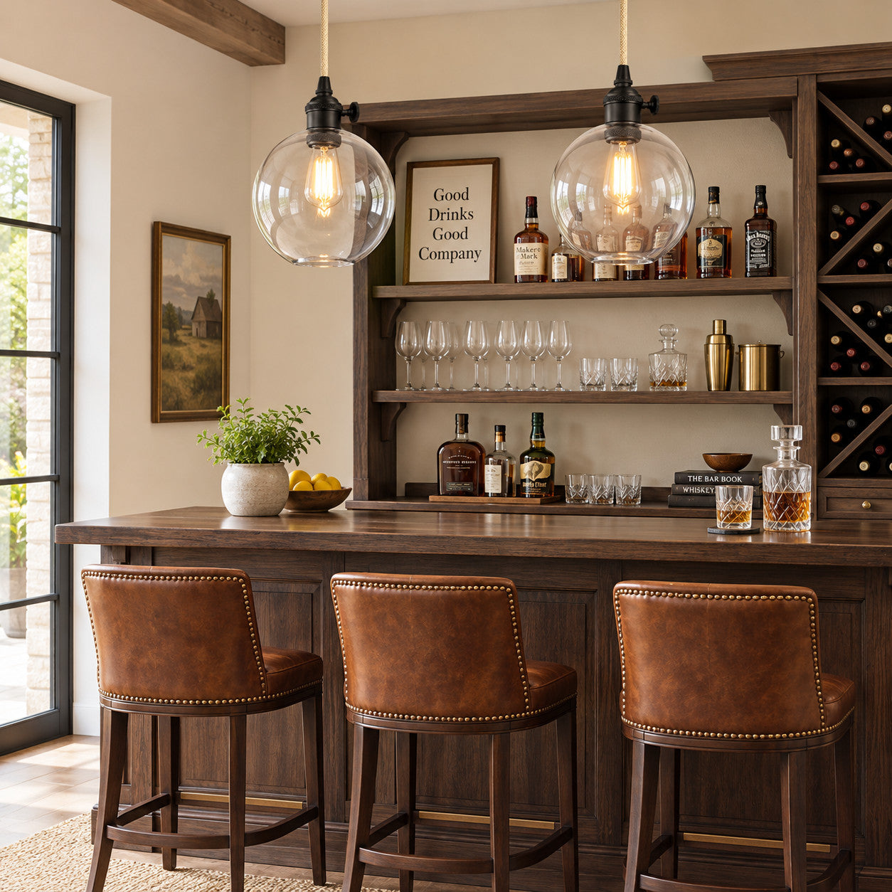 Home Bar with clear-glass globe pendant lighting