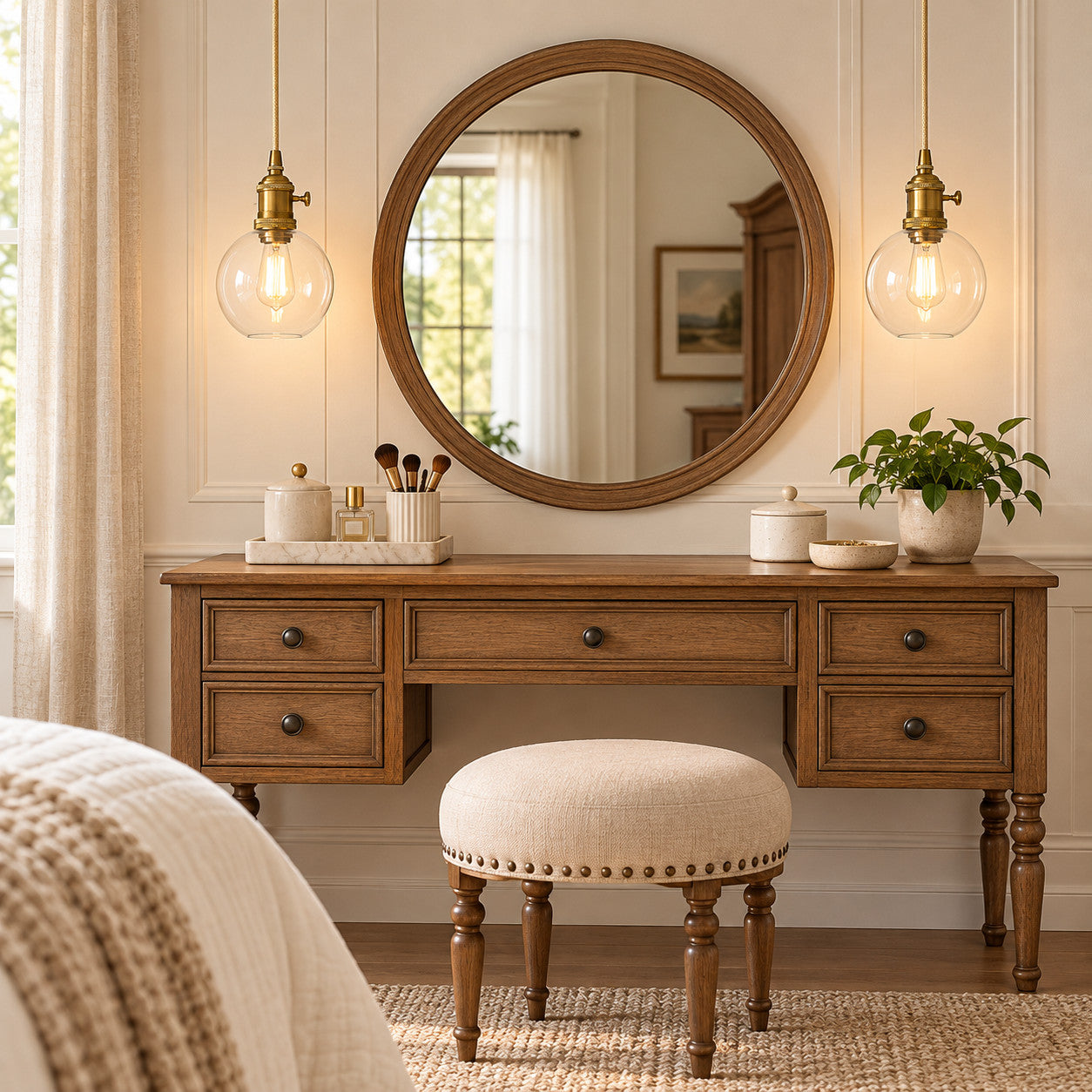 Dressing Area with clear-glass globe pendant lighting