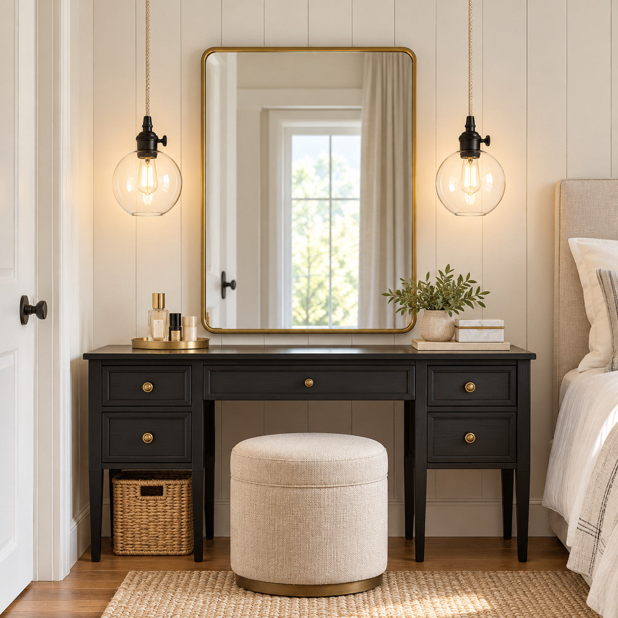 Dressing Area with clear-glass globe pendant lighting