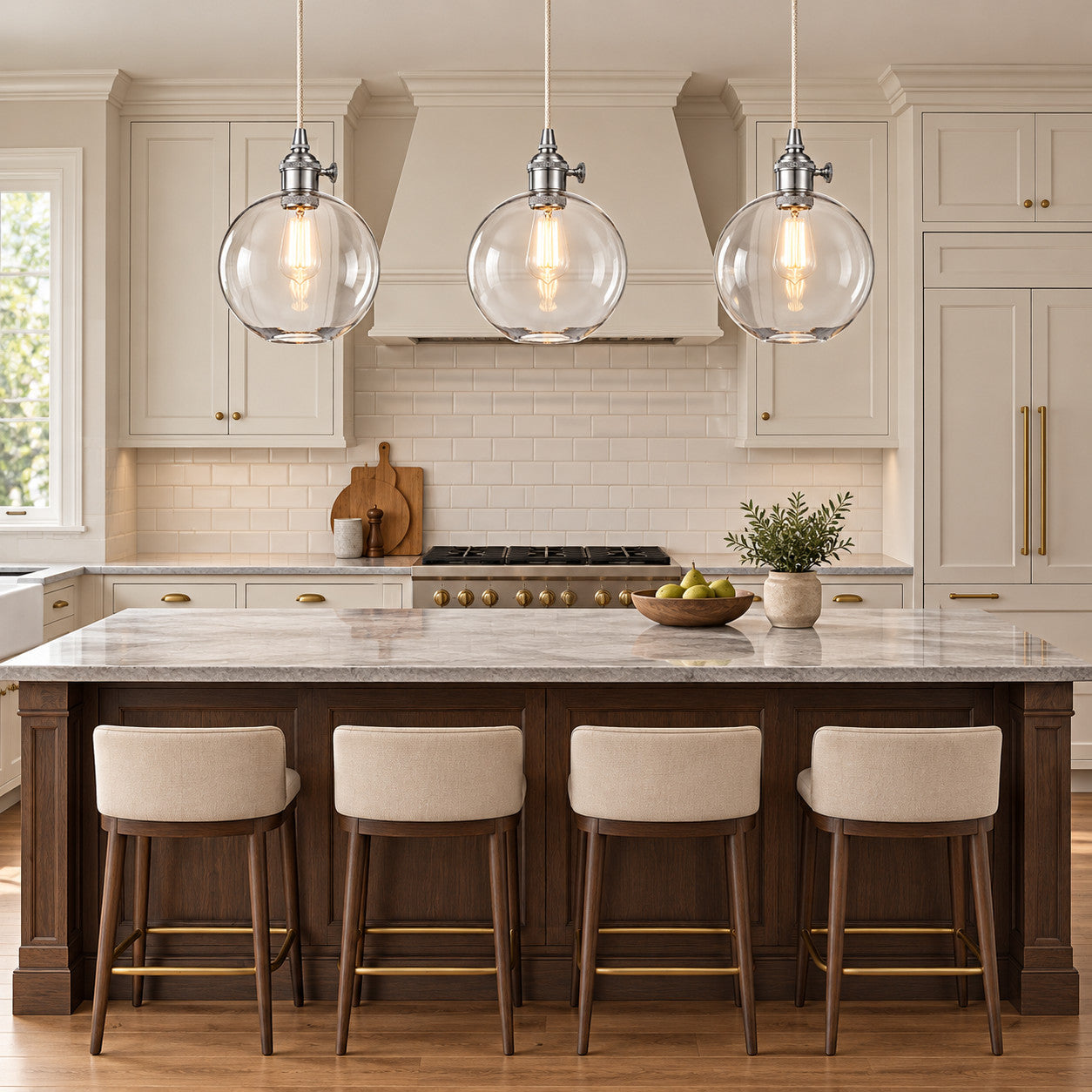 Kitchen Island with clear-glass globe pendant lighting