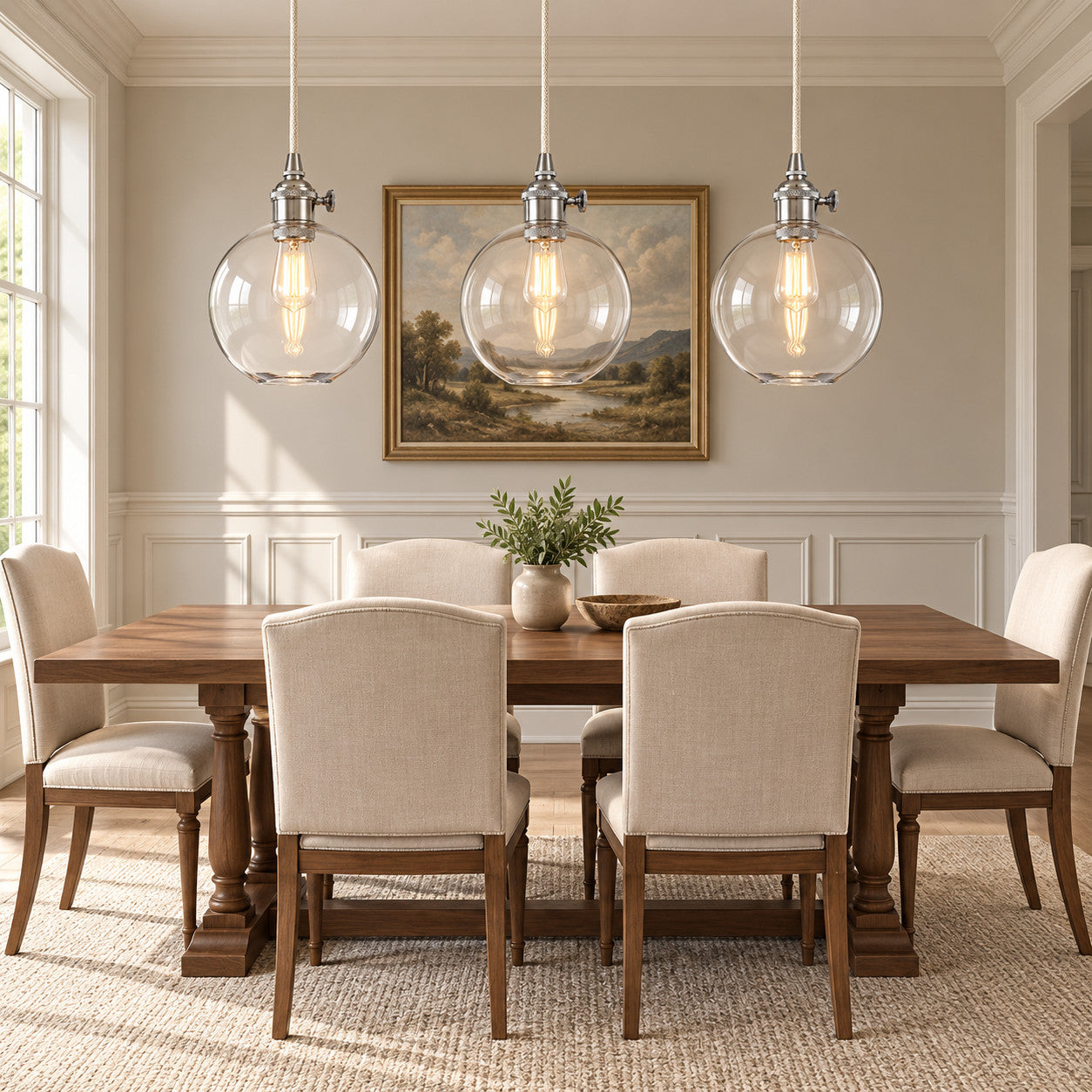Dining Room with clear-glass globe pendant lighting