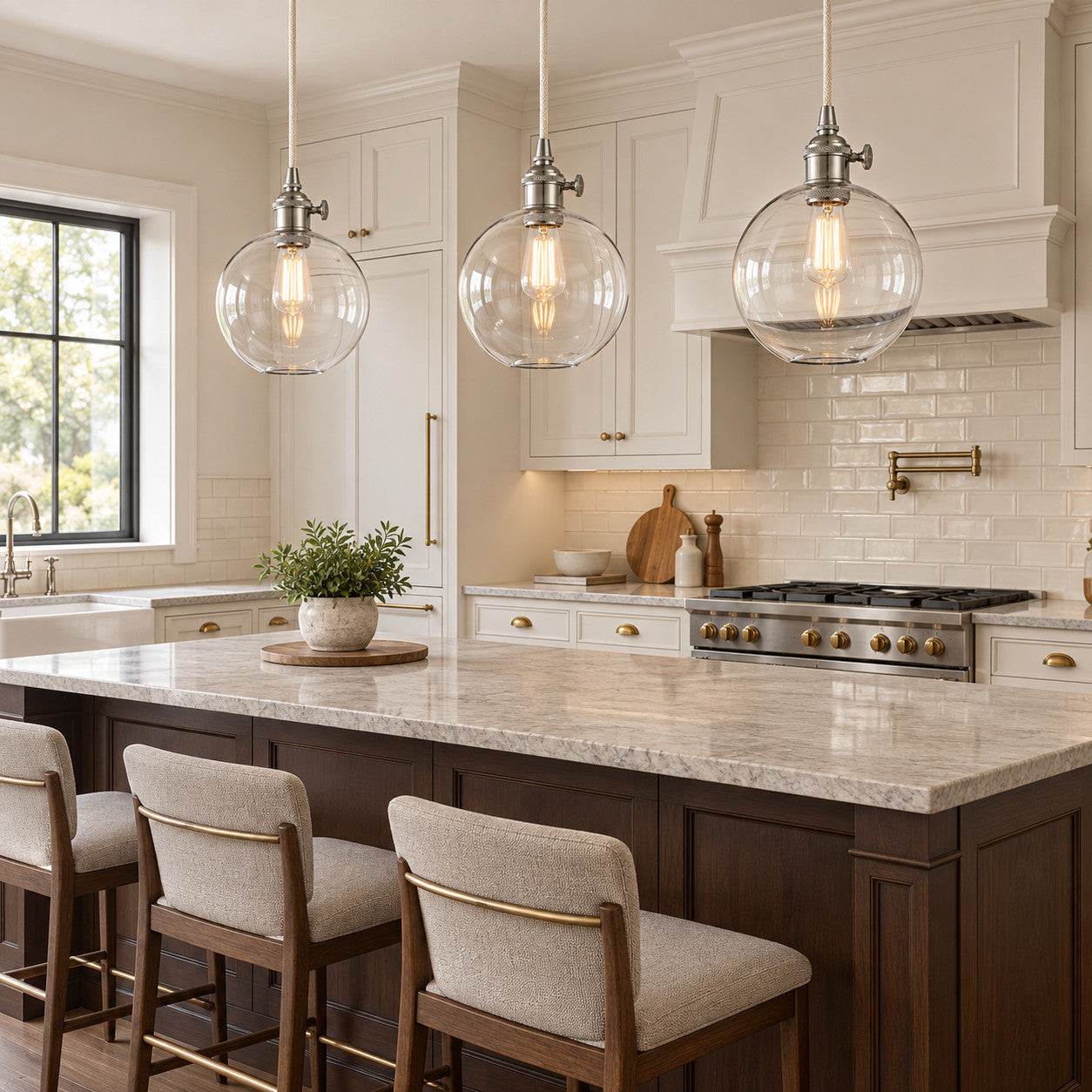 Kitchen Island with clear-glass globe pendant lighting