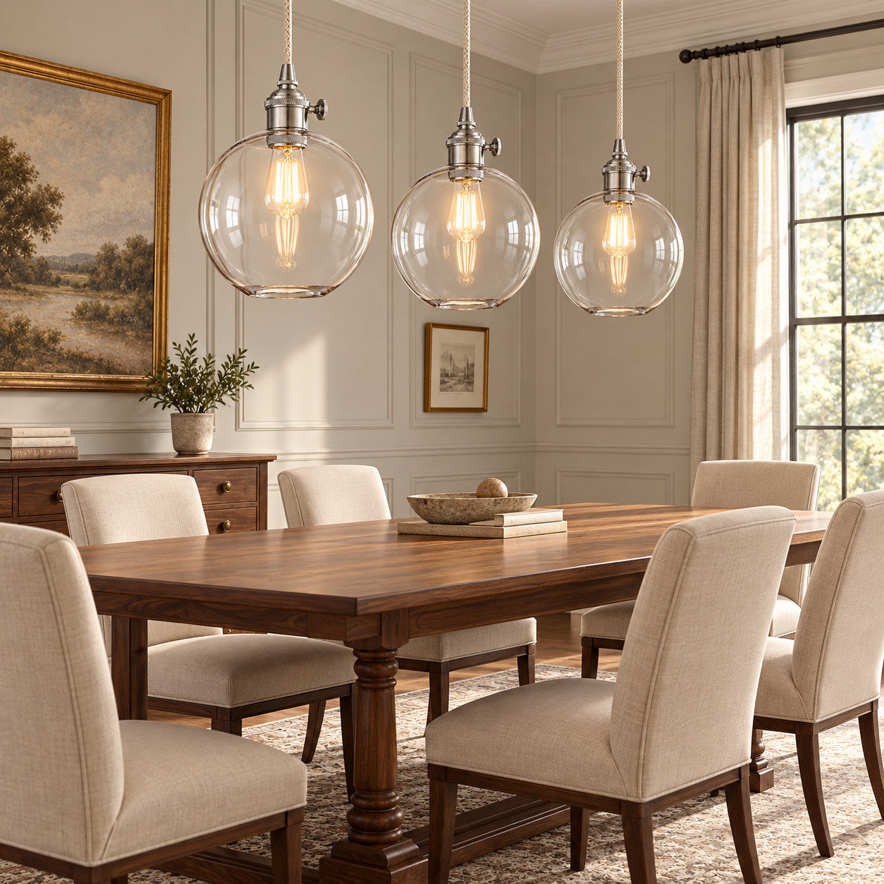 Dining Room with clear-glass globe pendant lighting