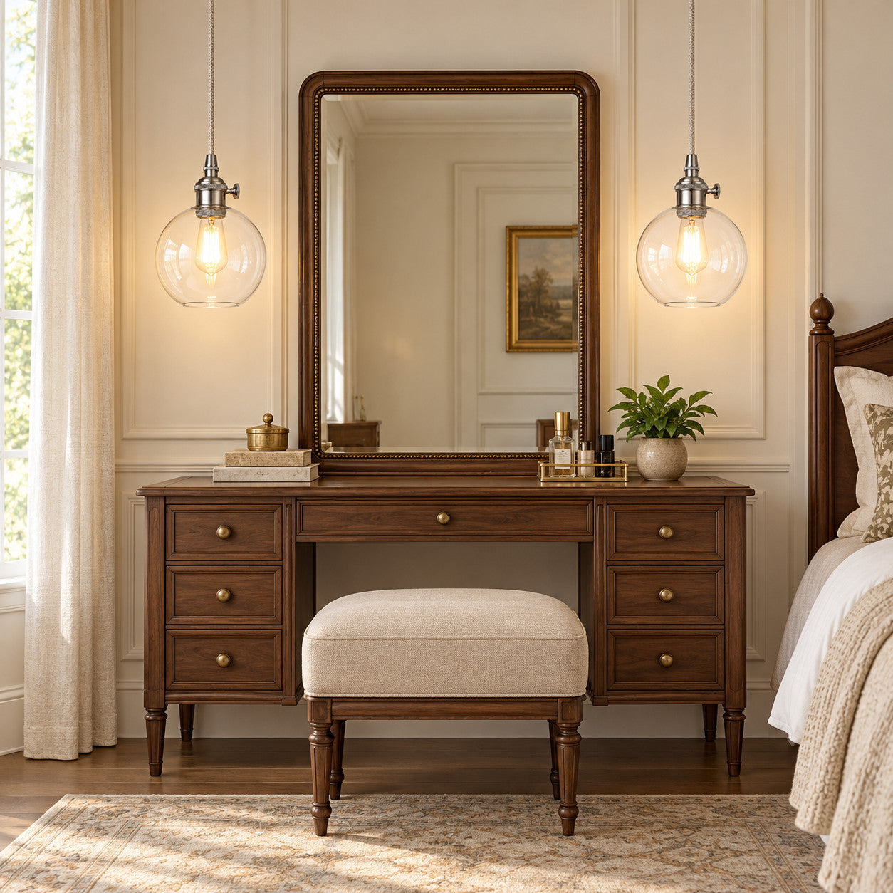 Dressing Area with clear-glass globe pendant lighting