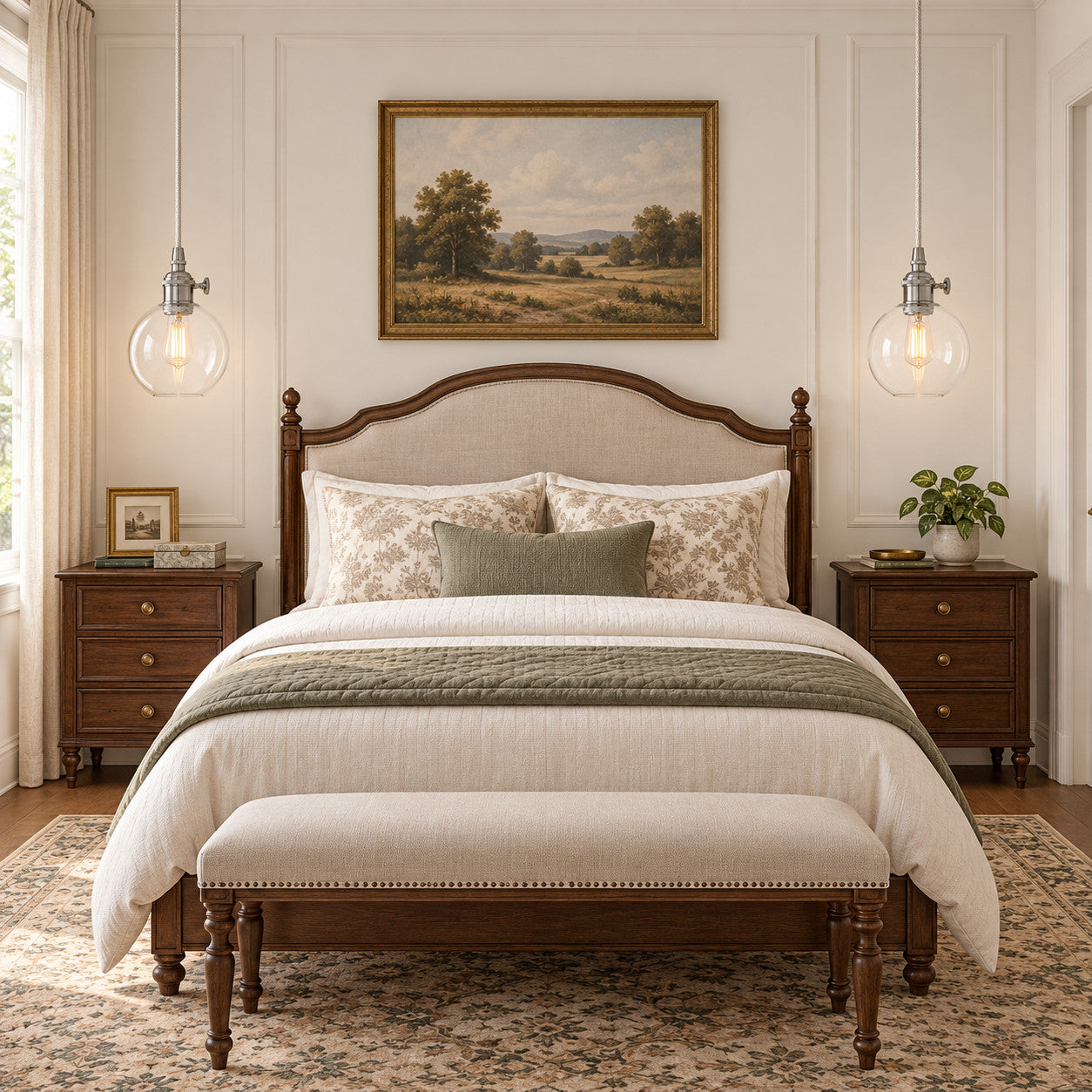 Bedroom with clear-glass globe pendant lighting