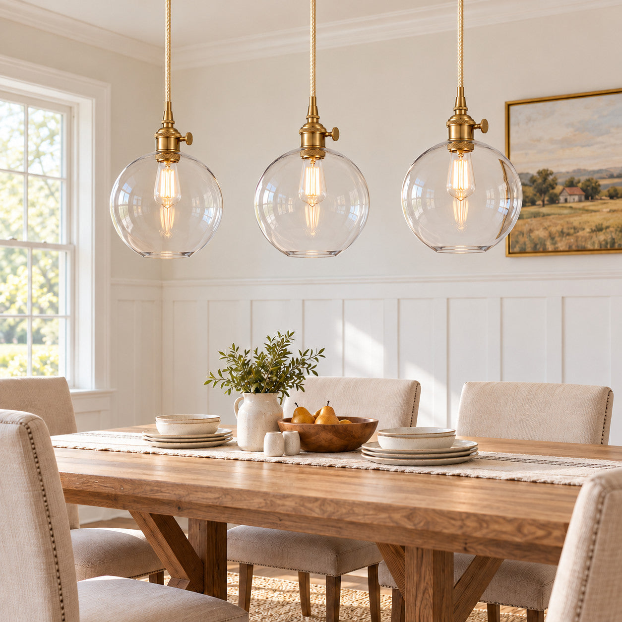 Dining Room with clear-glass globe pendant lighting