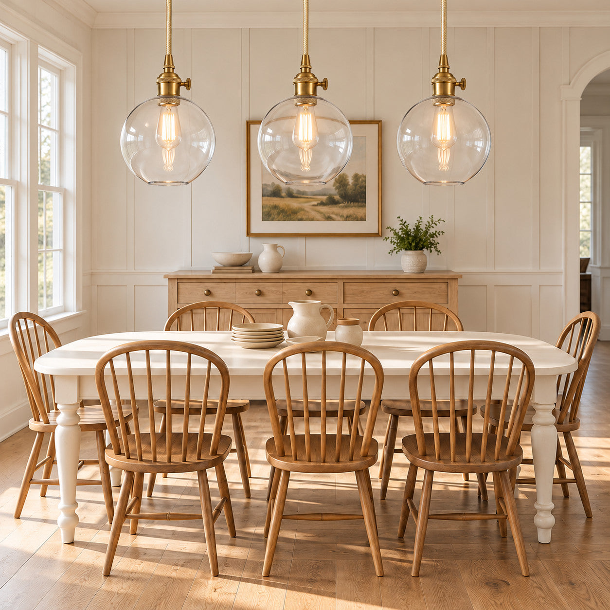 Dining Room with clear-glass globe pendant lighting