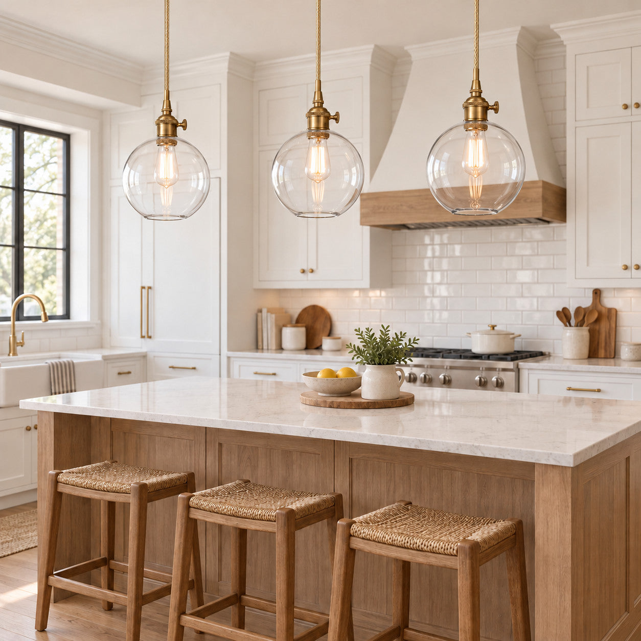 Kitchen Island with clear-glass globe pendant lighting