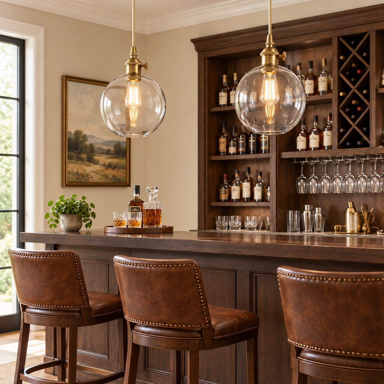 Home Bar with clear-glass globe pendant lighting