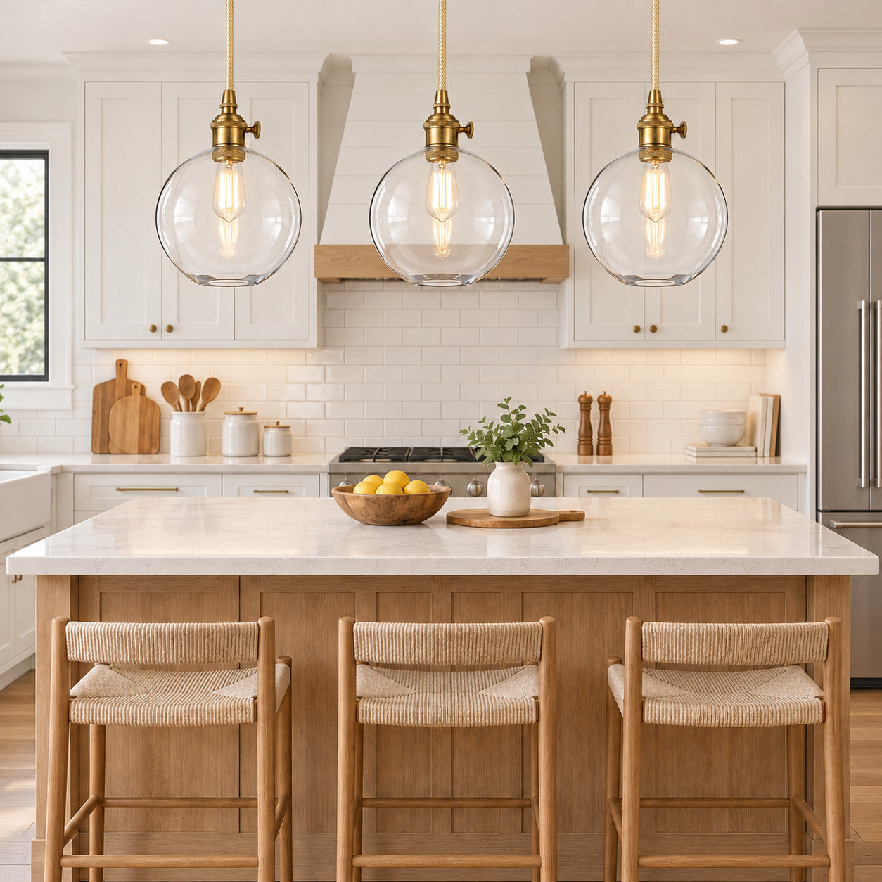 Kitchen Island with clear-glass globe pendant lighting