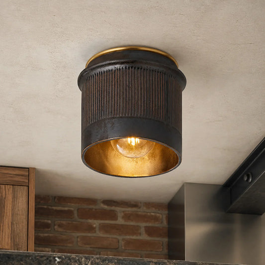 Torian Vintage Rustic Black Metal Industrial Flush Mount Ceiling Light