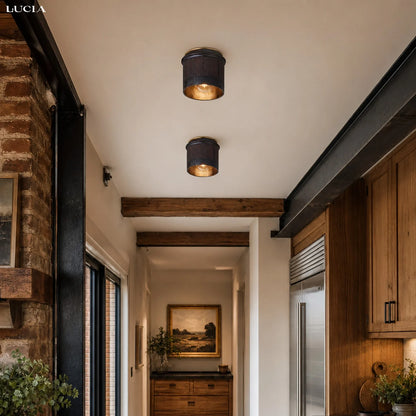 Torian Vintage Rustic Black Metal Industrial Flush Mount Ceiling Light