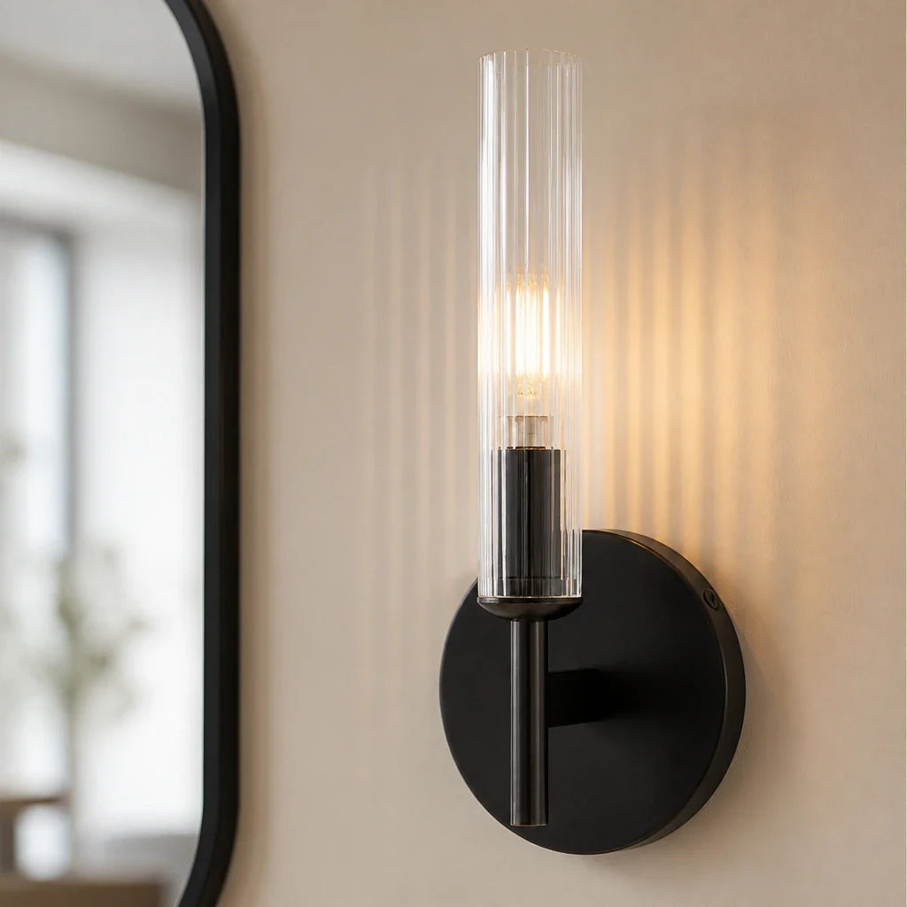 Veylan Farmhouse Cooper Ribbed Glass Tube Sconce