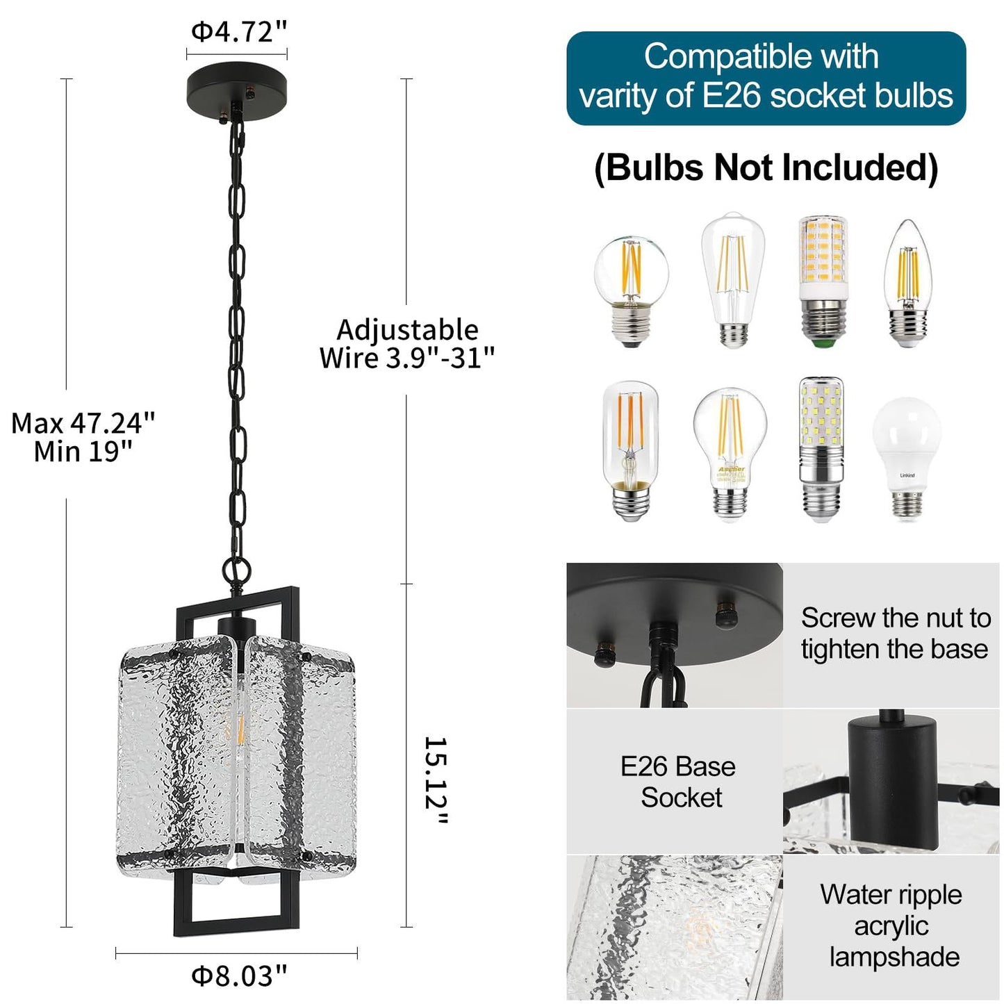 Rhaelis Water Ripple Glass Rectangle Pendant Light
