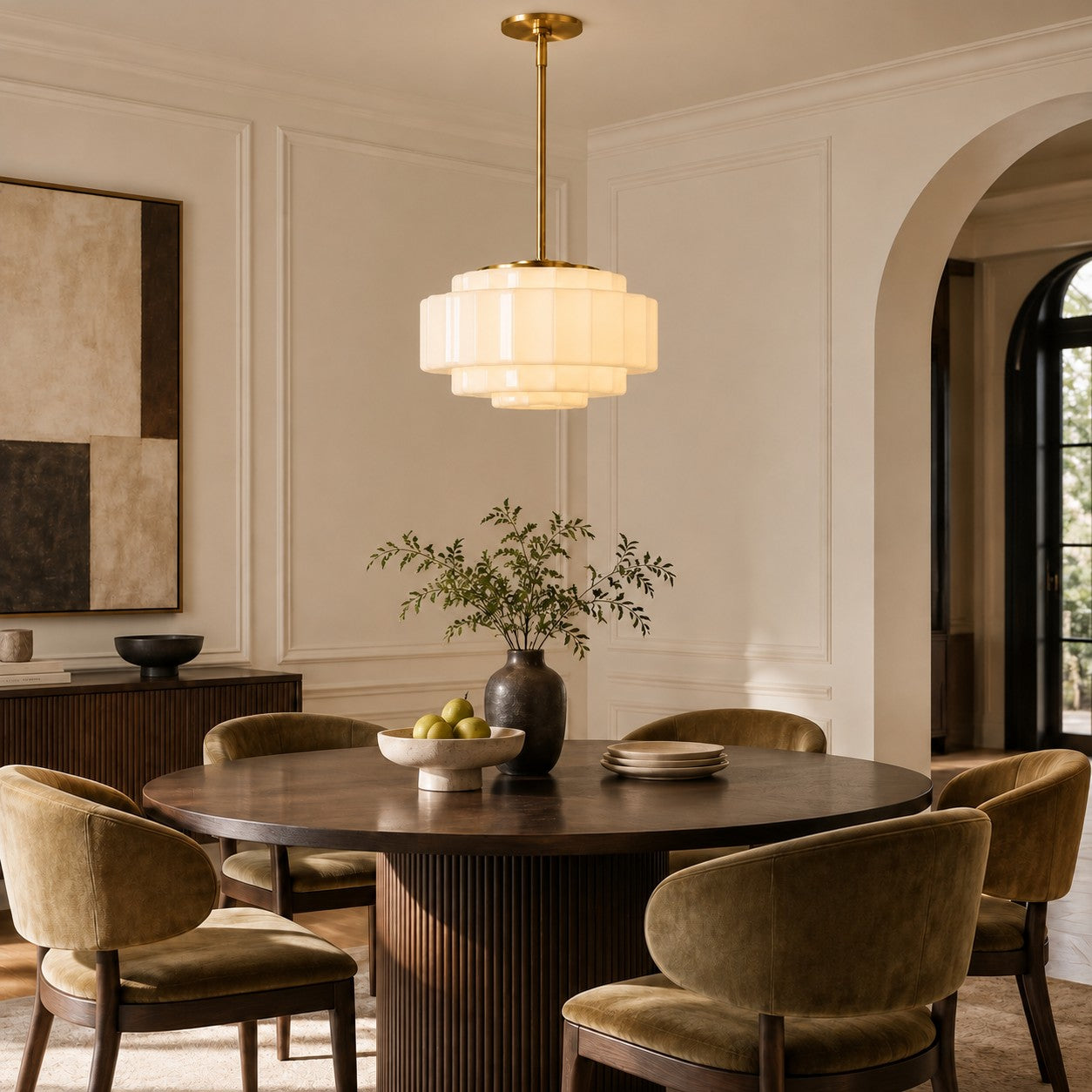 Wide milk-glass pendant above a dining table