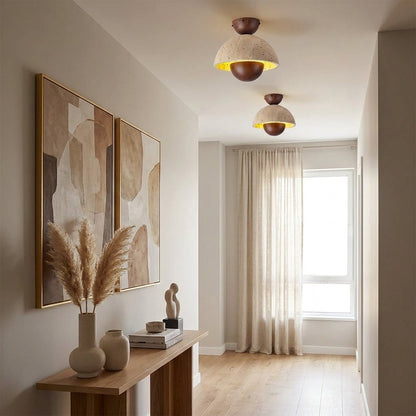 Elrick Mid-Century Travertine Wood Dome Ceiling Light