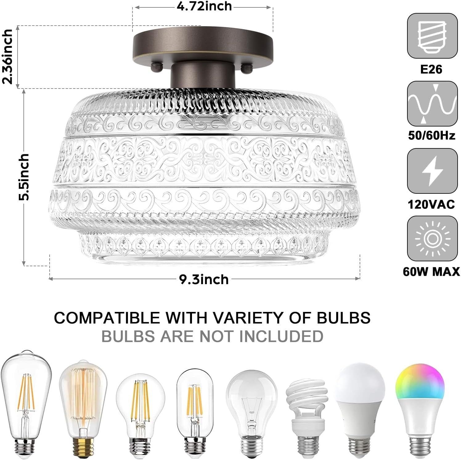 Ixionis Farmhouse Patterned Glass Semi Flush Mount Ceiling Light