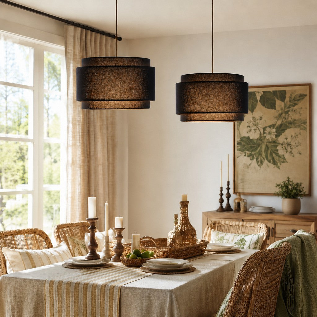 Virelai Modern Linen Double Drum Pendant Light