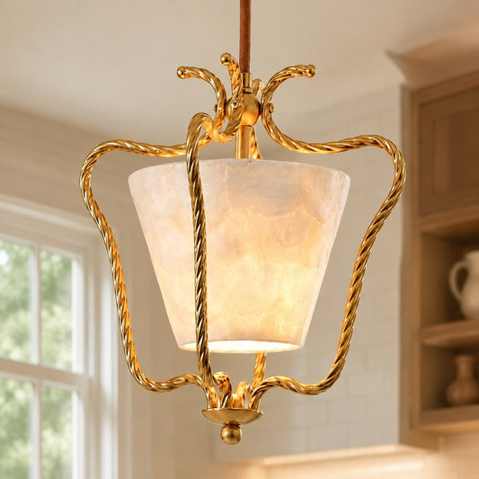 Spencer Vintage French Art Deco Brass Lantern Shell Pendant Light
