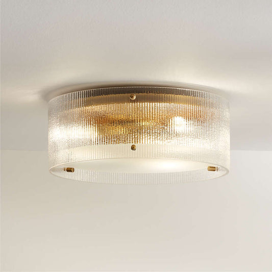 Gregory Modern Brass Ribbed Glass Drum Round Flush Mount Ceiling Light