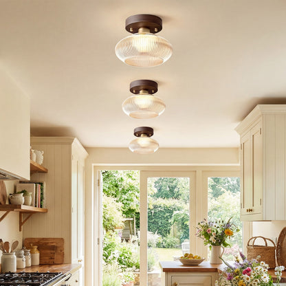 Caspian Retro Led Walnut Base Amber Fluted Glass Ceiling Light
