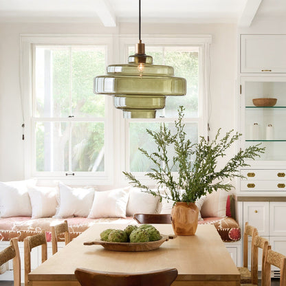 Yves Contemporary Tiered Green Glass Pendant Light