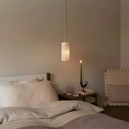 Modern Hand Carved Alabaster Cylinder Pendant Light