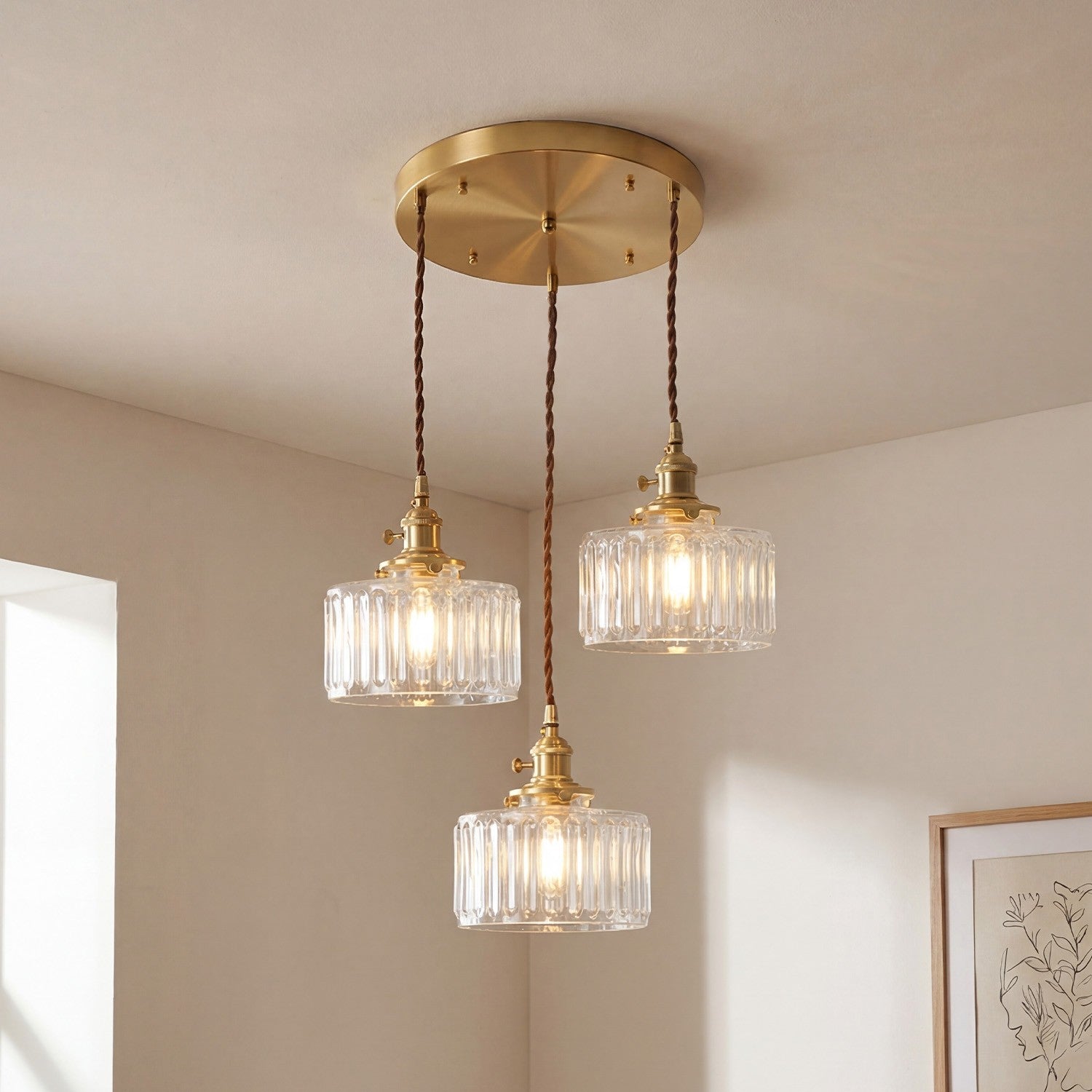 Zavier Vintage Cylinder Wave Pattern Glass Shade Pendant Chandelier