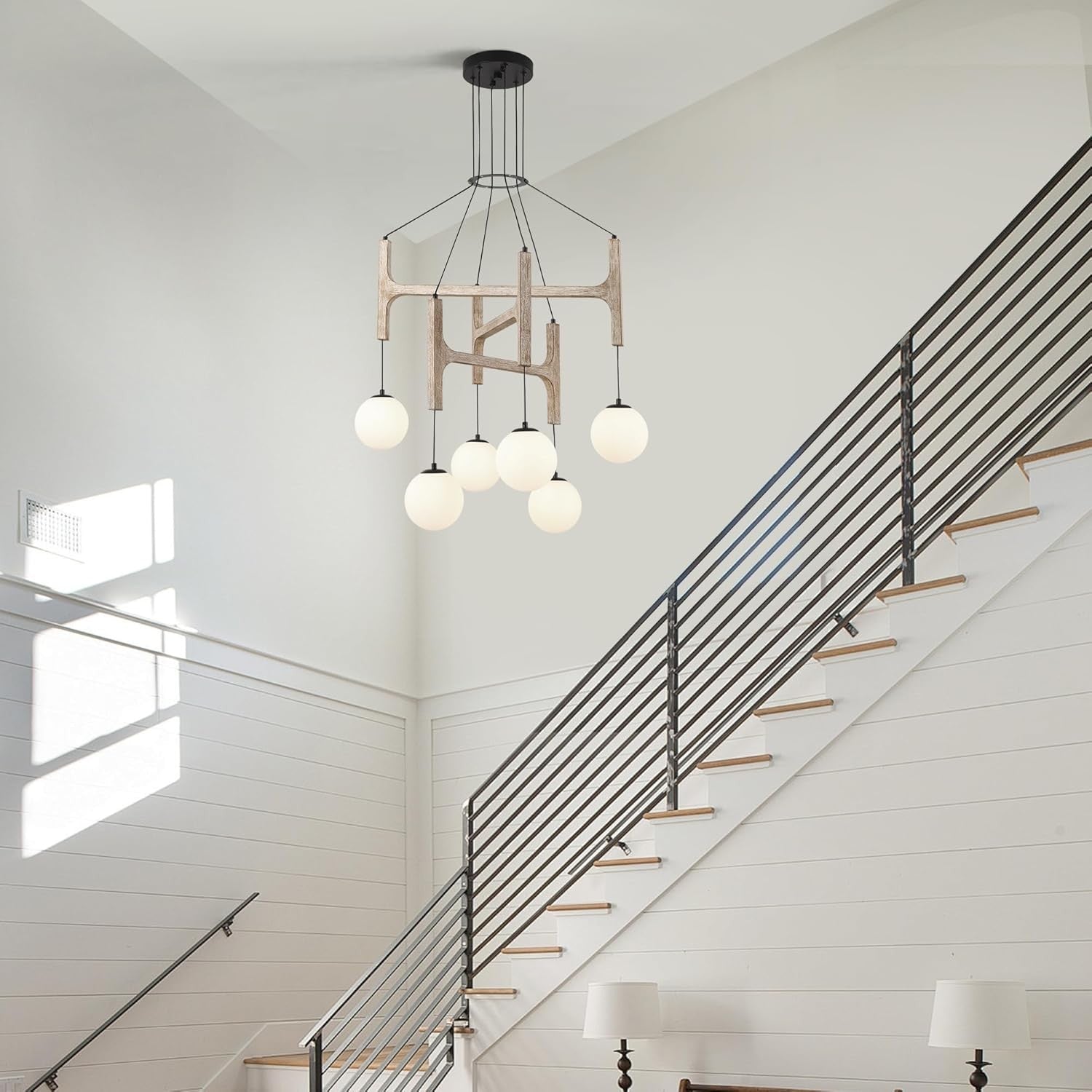 Astraea Farmhouse Wooden Branch Milk Glass Globe Chandelier