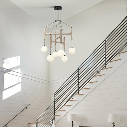 Astraea Farmhouse Wooden Branch Milk Glass Globe Chandelier