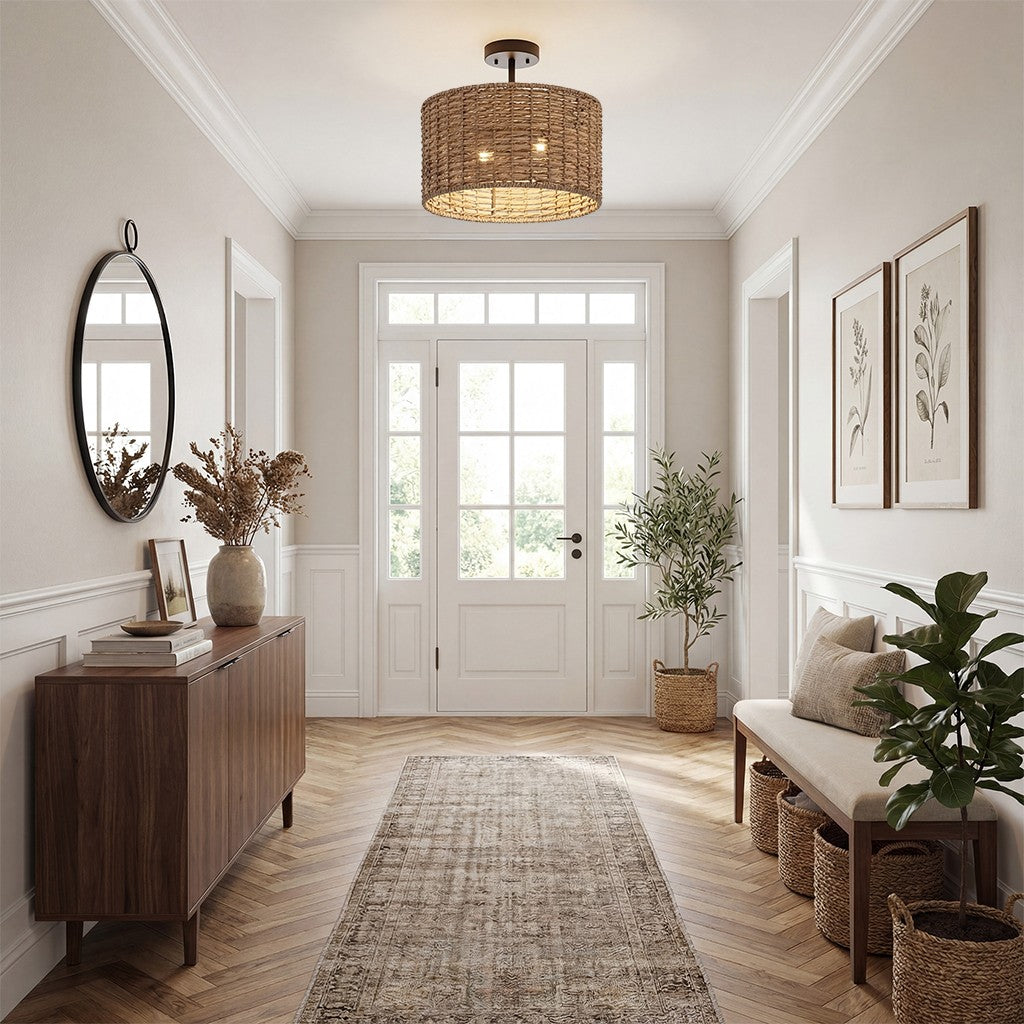 Lannister Coastal 2-Light Semi-Flush Mount Ceiling Light with Hand Woven Drum Shade for Bedroom
