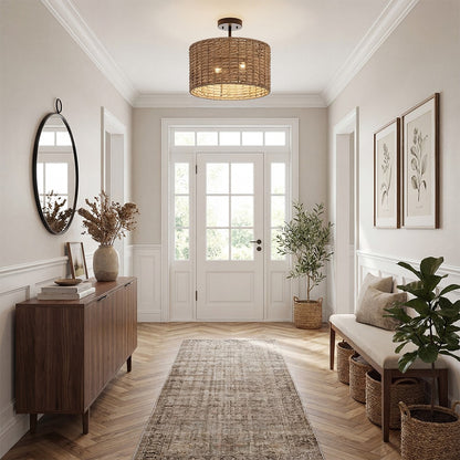 Lannister Coastal 2-Light Semi-Flush Mount Ceiling Light with Hand Woven Drum Shade for Bedroom