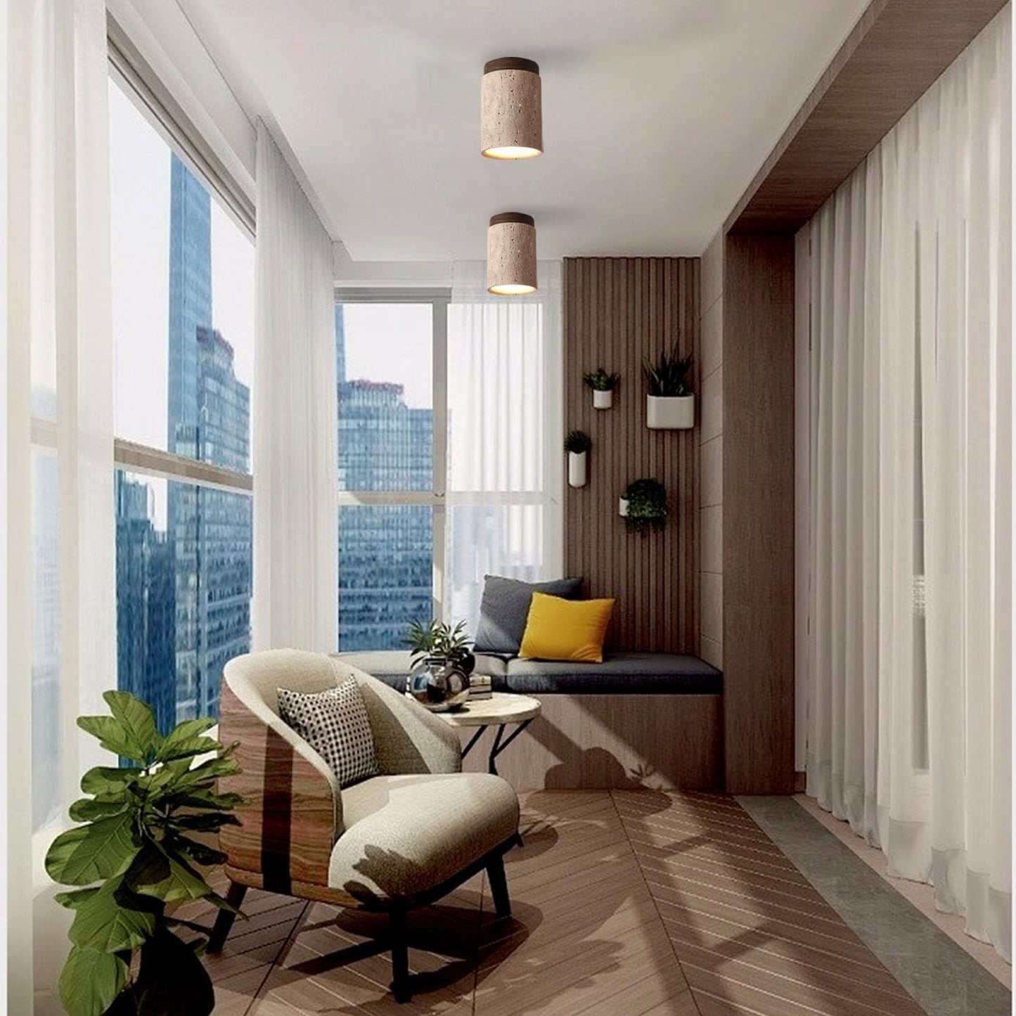 Hyrion Mini Wood And Stone Cylinder Travertine Ceiling Light
